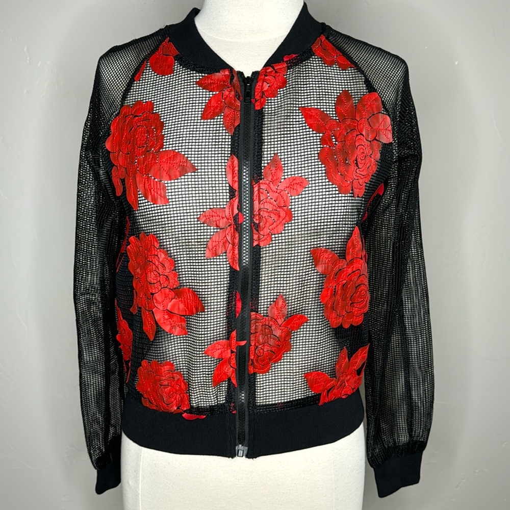 Black mesh jacket with Red floral detail Size Medium
